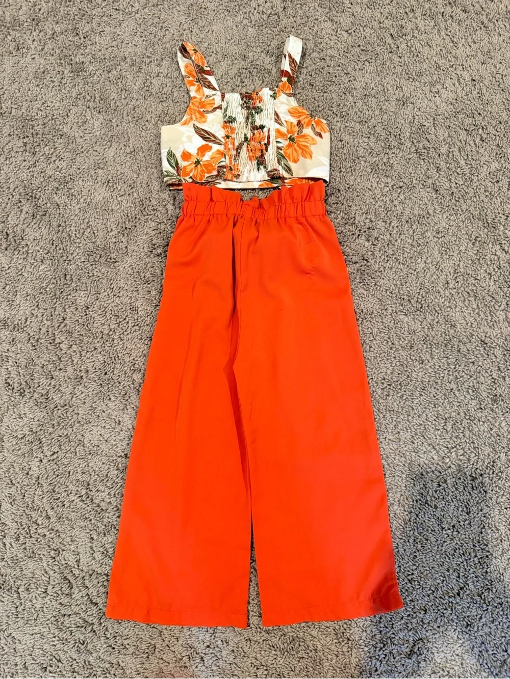 Girls' Bright Orange Wide-Leg Matching Set with Floral Top